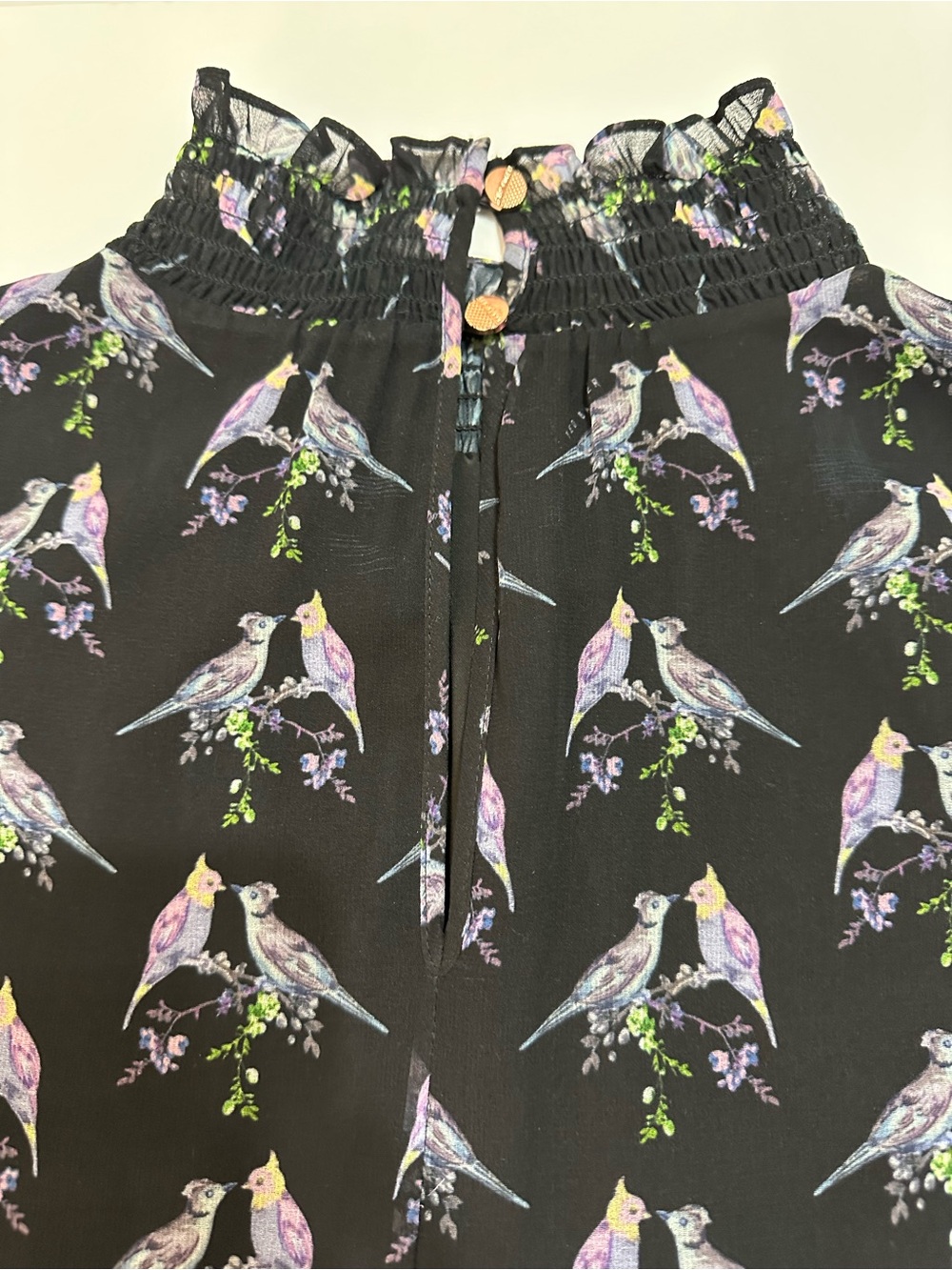 TED BAKER ZABRINA LOVEBIRDS RUFFLE BLOUSE BLACK SHEER CHIFFON SIZE 1 - Picture 6 of 12